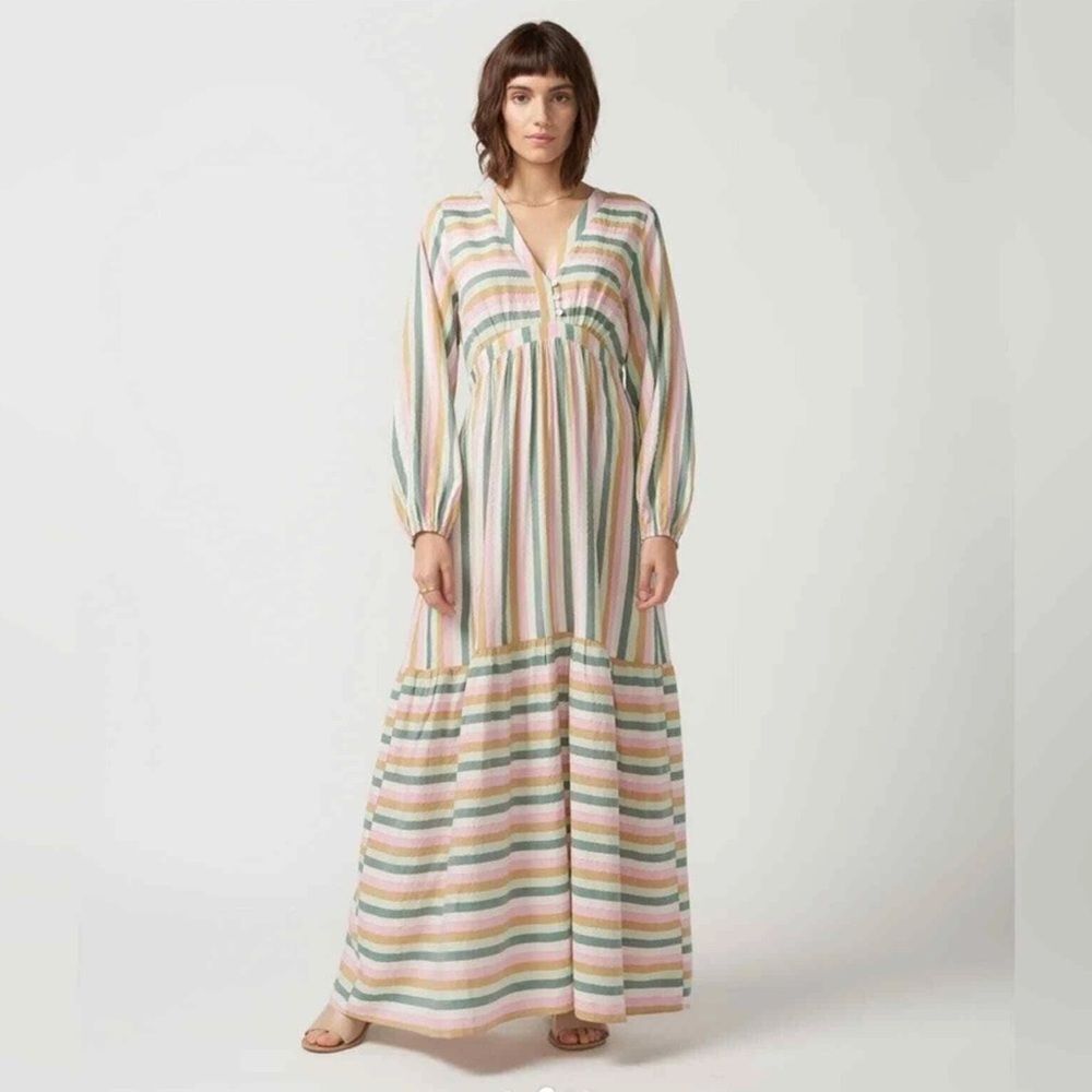 Anthropologie Self-Contrast Striped Neutral Beige Long Sleeve Maxi Dress Size M